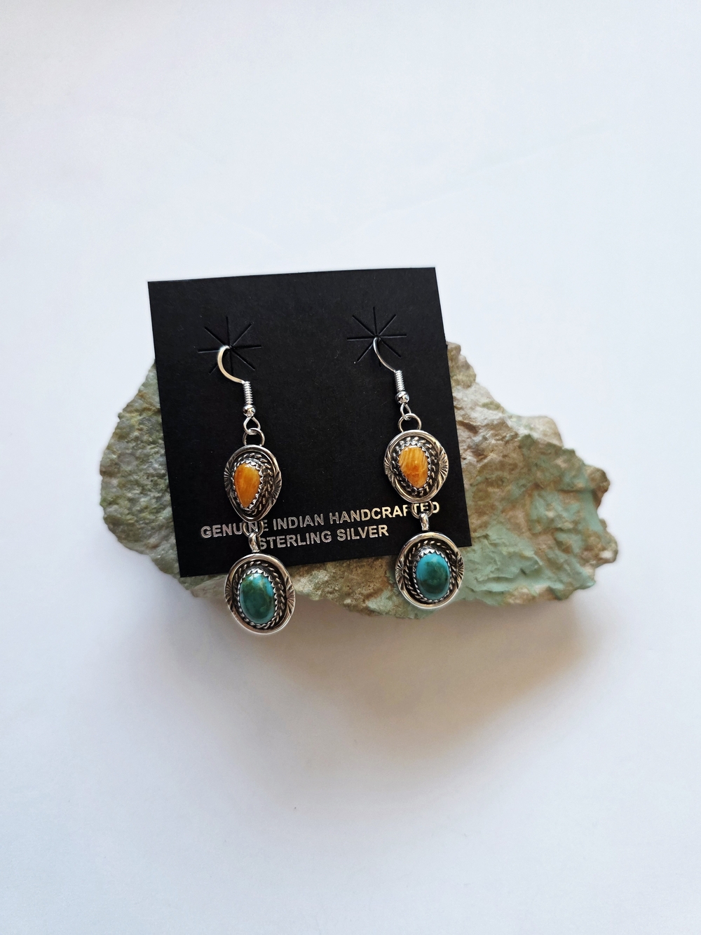 Sterling Silver Handcrafted Drop Earrings with Turquoise and Spiny Oyster Shell